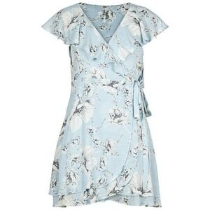 Free People Floral Mini Dress Ruffle Trim‎ Wrap Tie Light Blue XS